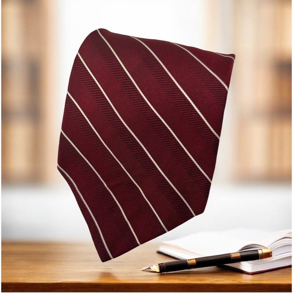 Tommy‎ Hilfiger Men’s Silk Tie Burgundy Red White Diagonal Stripe  57"x 3.75"
